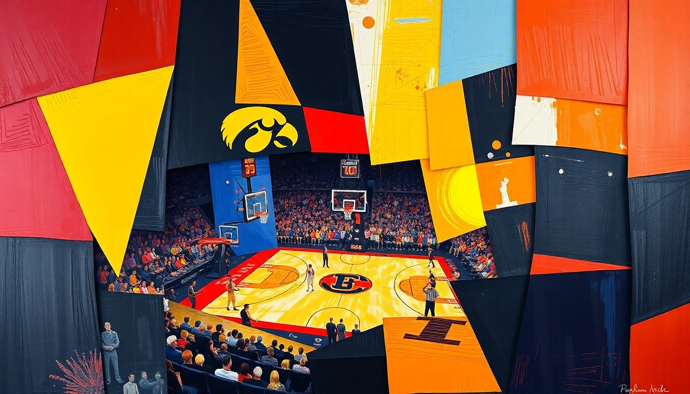 A cubist, geometric painting depicting the action of a college basketball game, with overlapping planes of color representing the players and court.