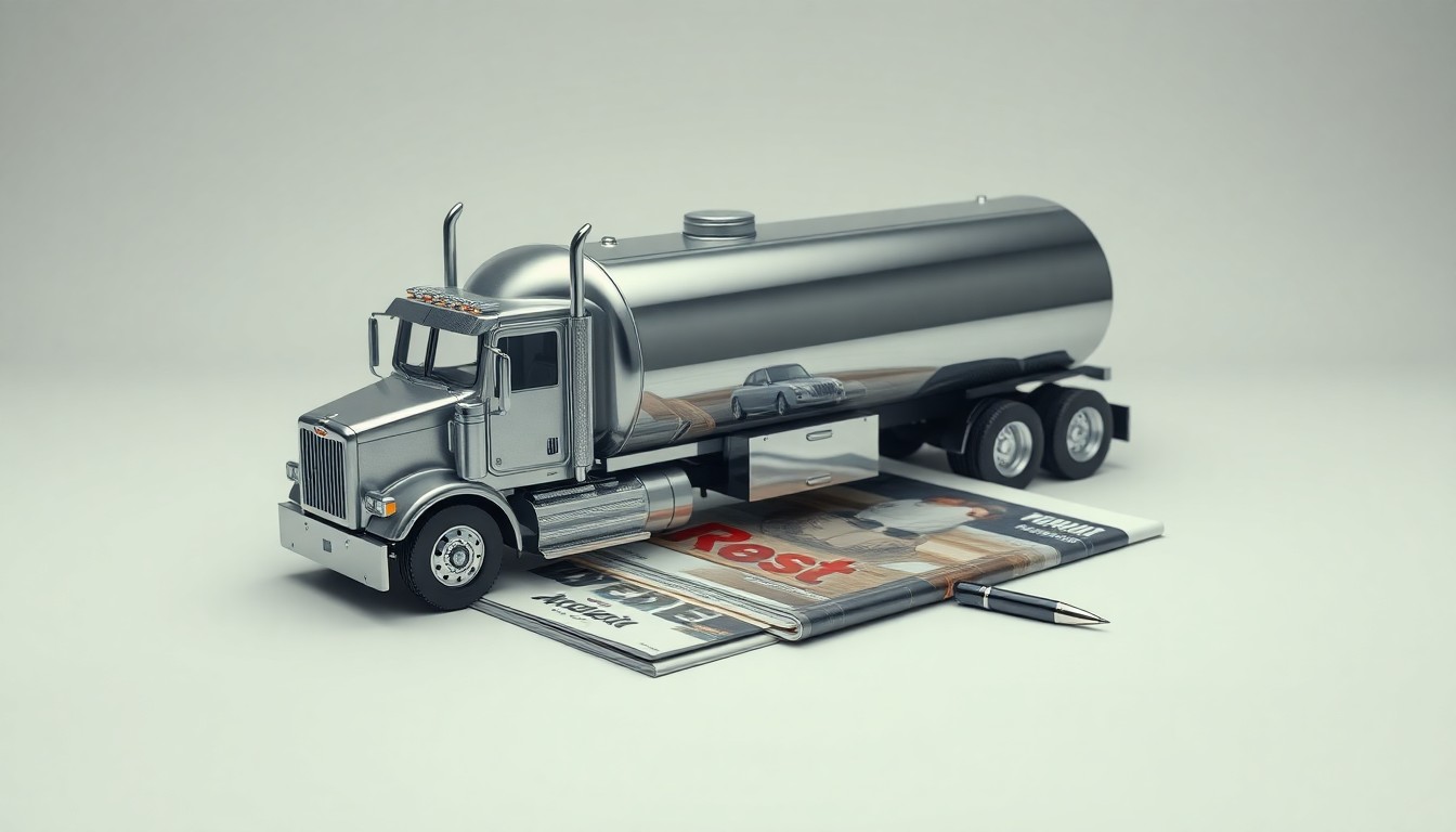 A photorealistic studio still life featuring a polished metal tank truck model, a stack of industry magazines, and a pen, arranged elegantly on a clean, monochromatic background to conceptually represent the business of tank truck transportation.