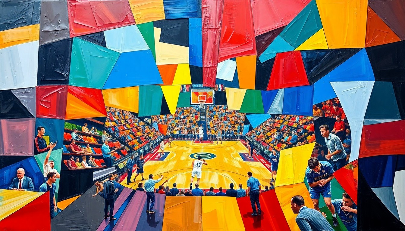 A cubist-style painting featuring overlapping geometric shapes in the colors of the University of Michigan Wolverines, conceptually representing the team's hard-fought victory in the NCAA basketball championship game.
