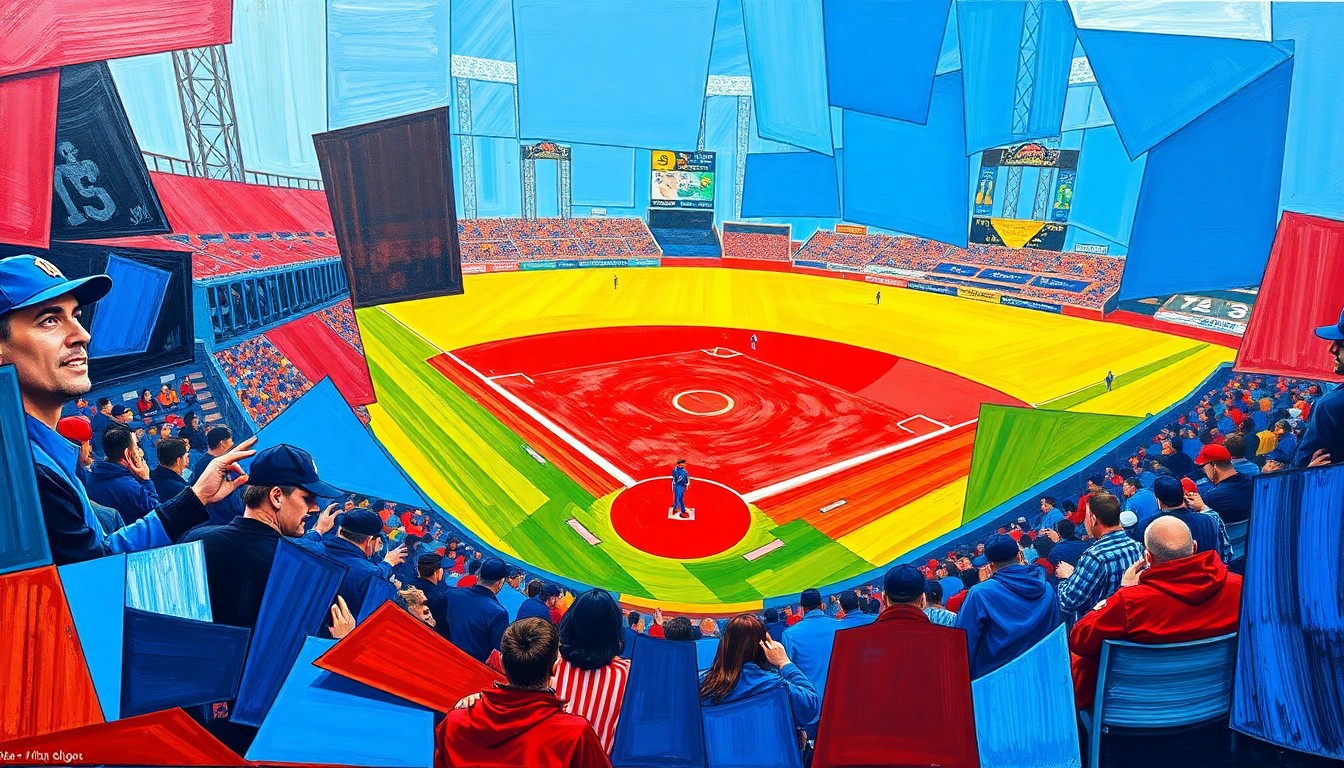 A fragmented, geometric painting depicting a baseball game, with sharp planes of color and overlapping shapes representing the dynamic action on the field.
