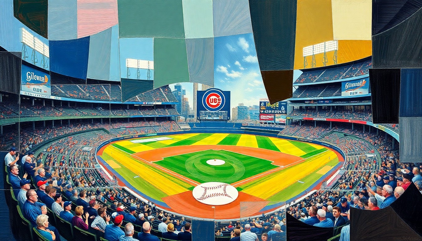 A fractured, cubist-style painting depicting a baseball game between the Milwaukee Brewers and Chicago Cubs, with the players and field broken down into sharp, overlapping geometric shapes and planes in a conceptual representation of the teams' rivalry.