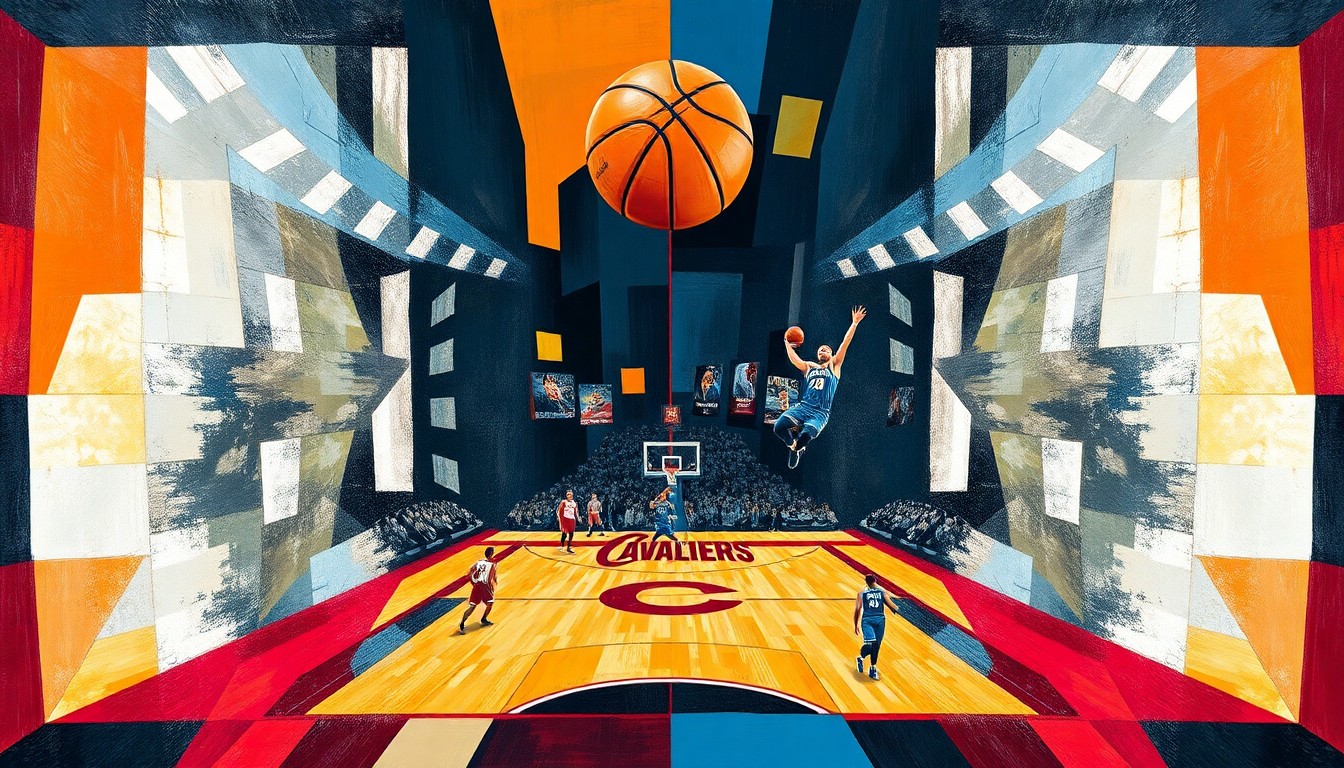 A cubist-style painting depicting a basketball game, with the players and court broken down into sharp, overlapping geometric shapes and planes in a variety of colors, capturing the dynamic energy and movement of the game.