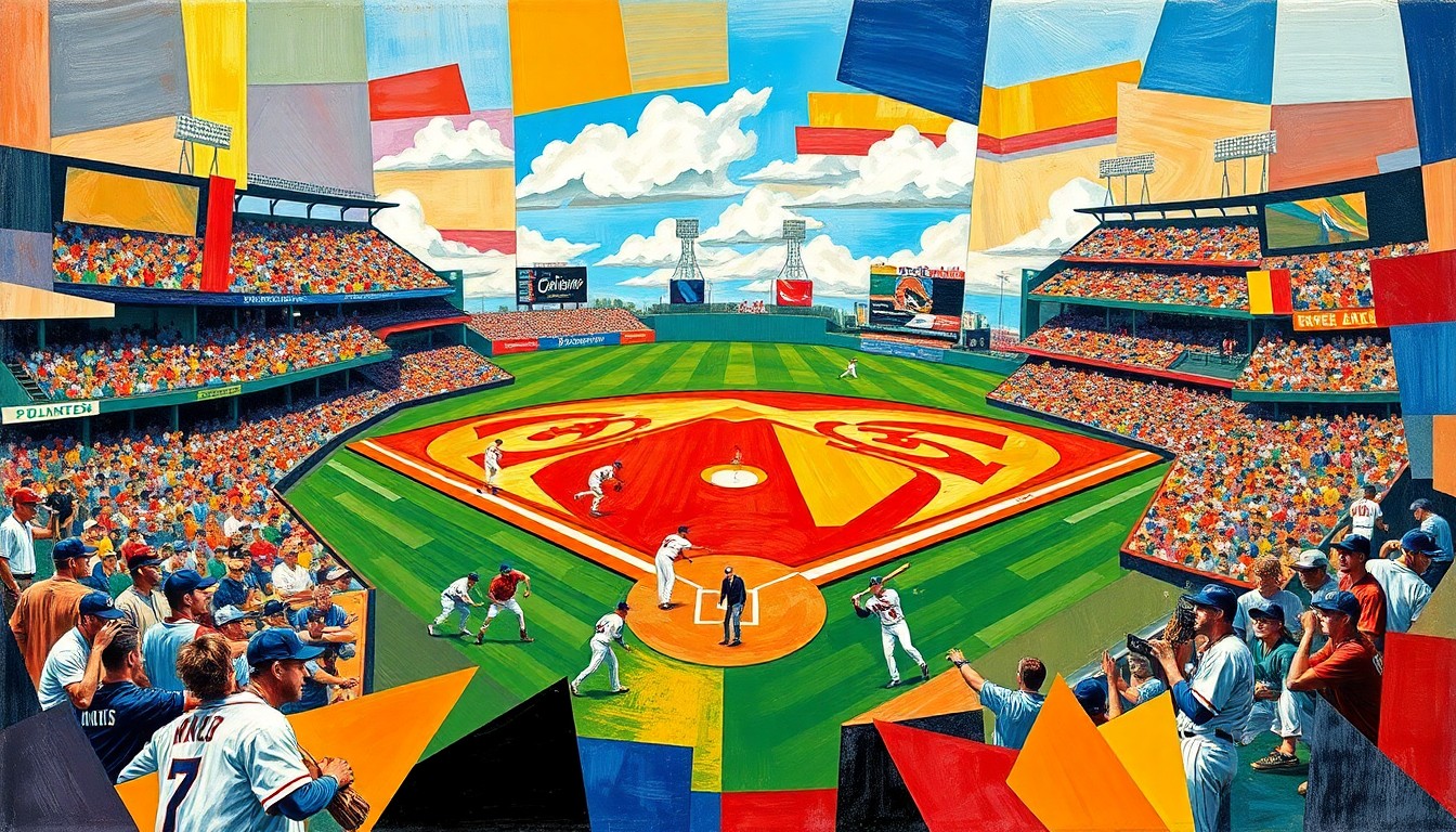 A fragmented, geometric painting in vibrant colors depicting the dynamic action of a baseball game, with sharp, overlapping shapes and planes representing the players, field, and equipment.