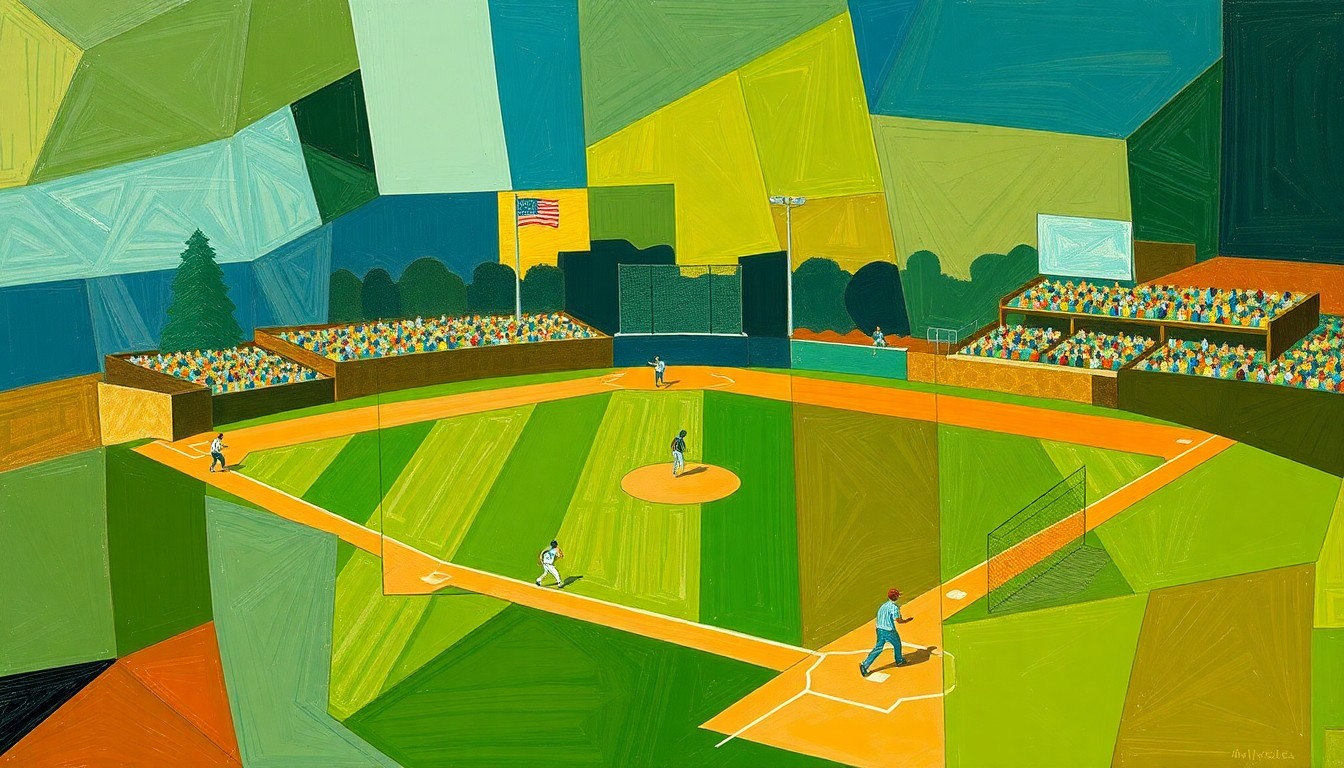 A fragmented, geometric painting in shades of green, ochre, and blue, depicting the action and movement of a high school softball game through an abstract, cubist lens.