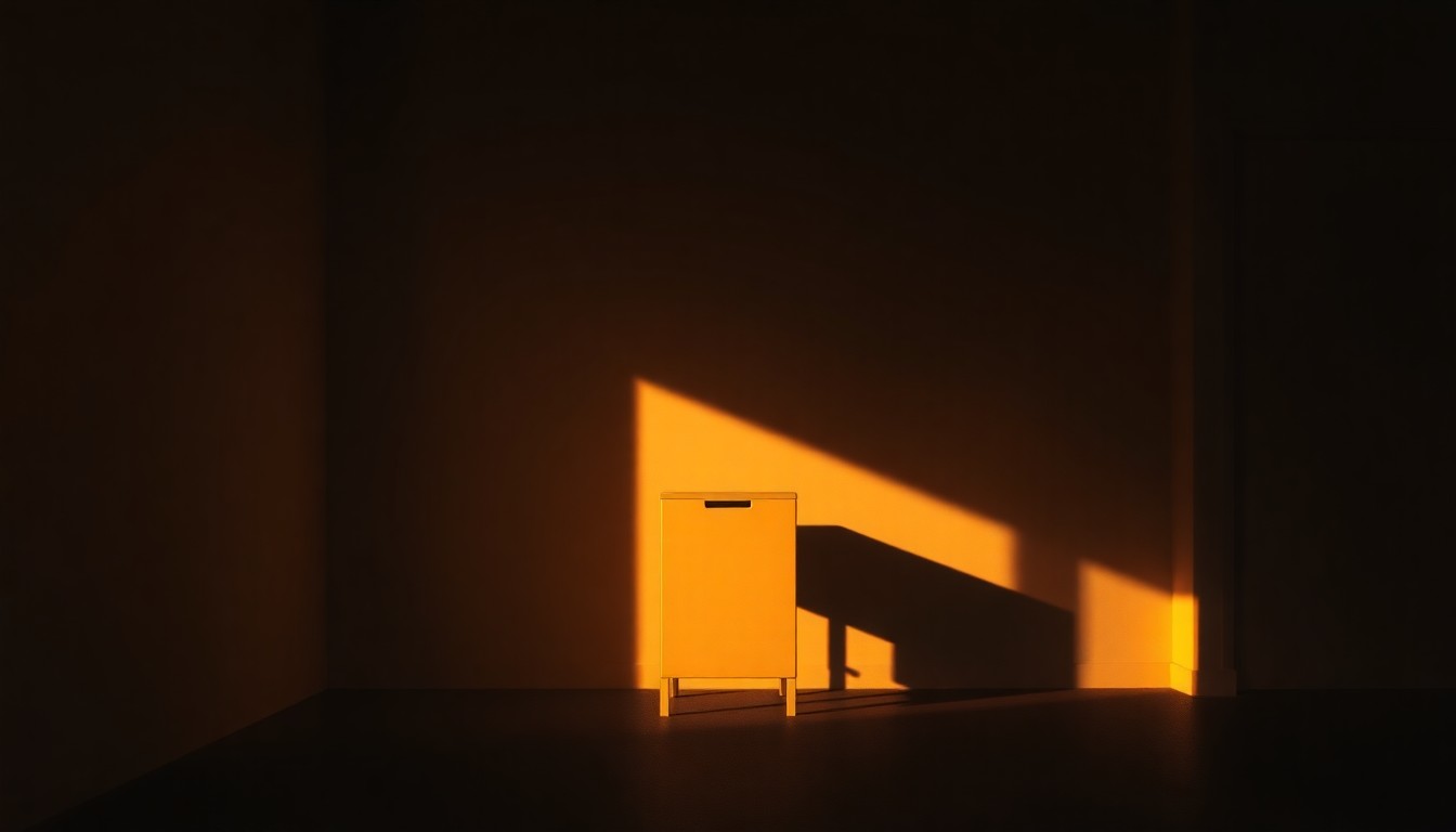 A photorealistic painting of a simple metal ballot box sitting alone in a dimly lit room, with warm sunlight streaming in through a window and casting deep shadows across the floor, evoking a sense of quiet contemplation around the electoral process.
