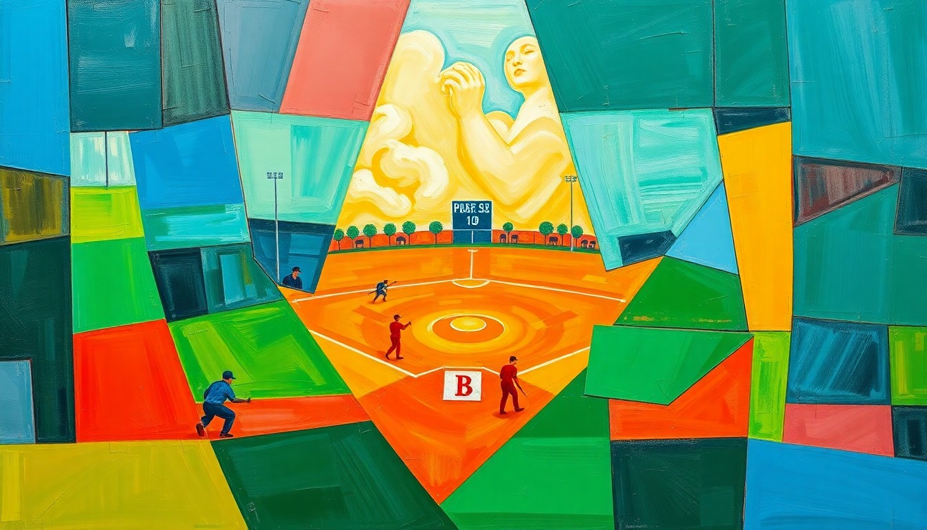 A fragmented, geometric painting in bold colors depicting the dynamic motion and energy of a high school sports event, with players and the field deconstructed into overlapping planes.