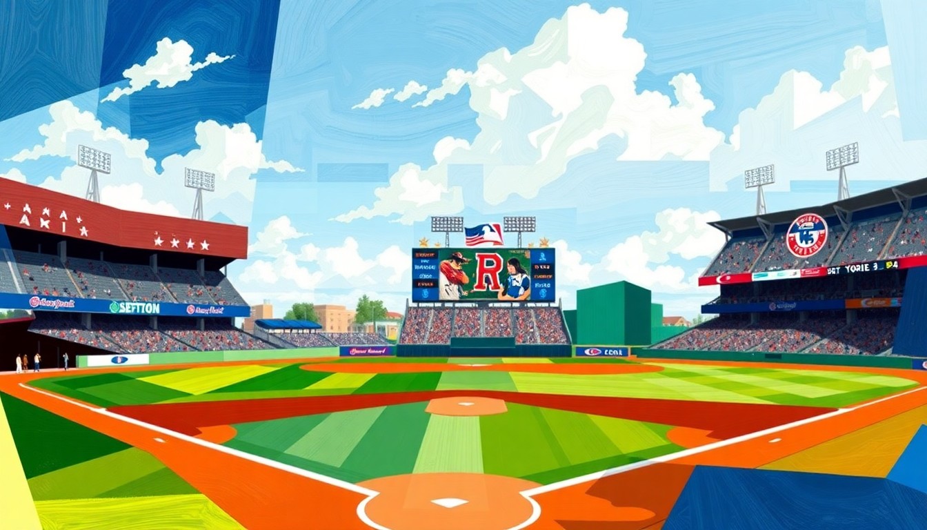 A cubist, geometric painting depicting the action of a high school baseball game, with overlapping planes of color representing the teams and players in motion.