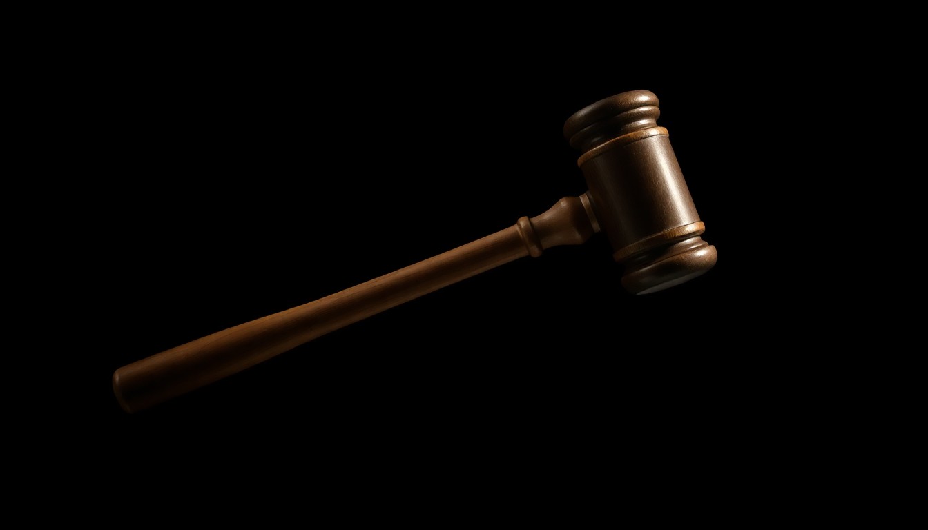 An extreme close-up of a gavel, its metallic surface reflecting the harsh light of a camera flash, conceptually representing the administration of justice in Harris County.