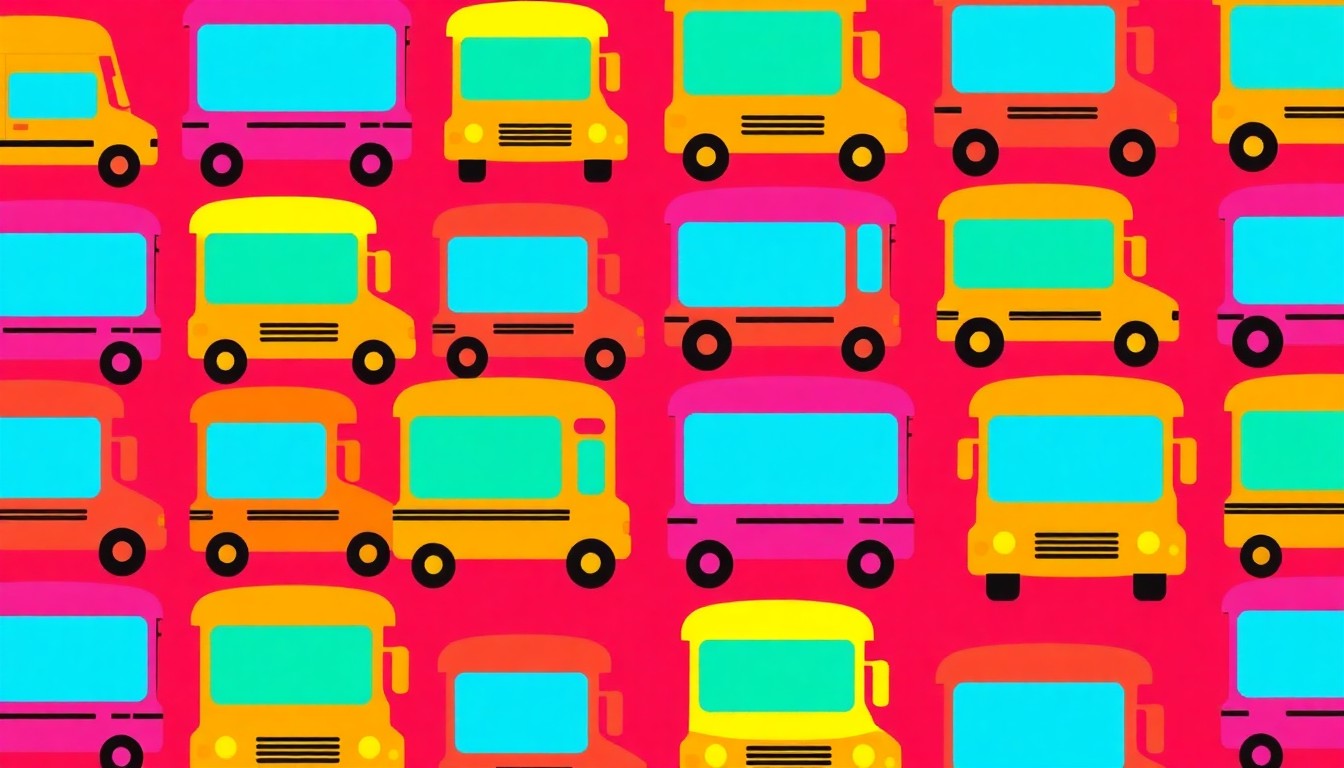 A bold, colorful silkscreen-style illustration featuring a repeating pattern of a stylized school bus icon in bright neon shades of blue, yellow, and pink, conceptually representing the transition and change happening within the Carthage school system.