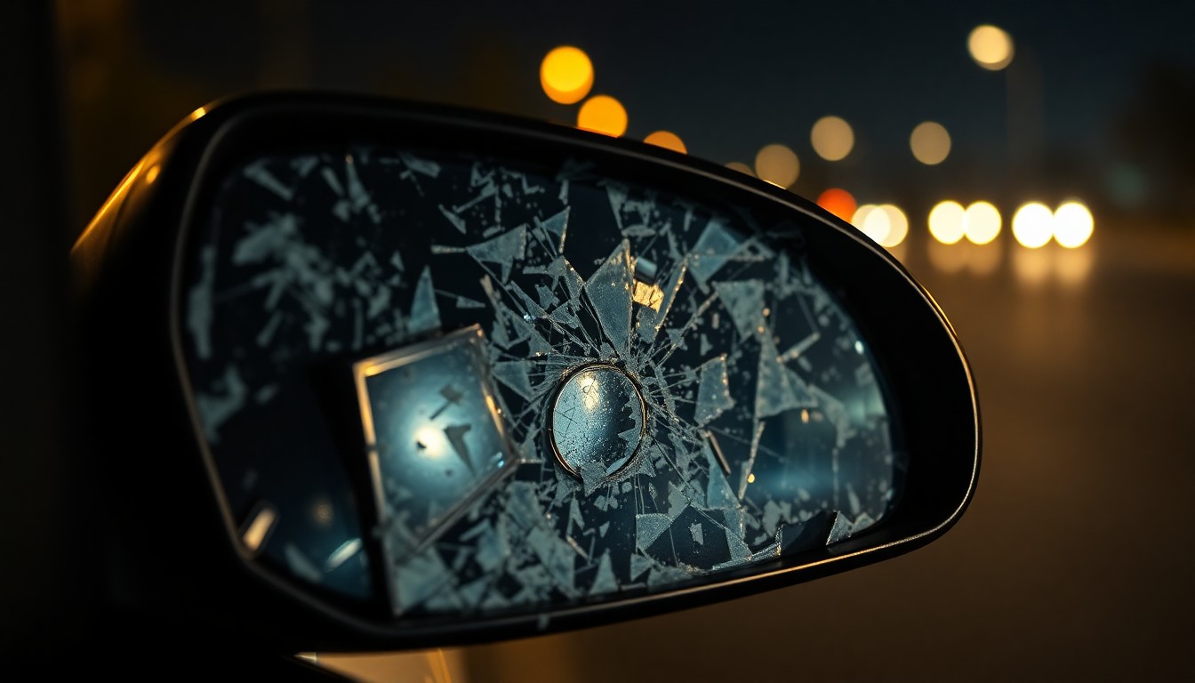 An extreme close-up photograph of a shattered car side mirror reflecting the faint glow of streetlights, conceptually illustrating the aftermath of a hit-and-run incident.