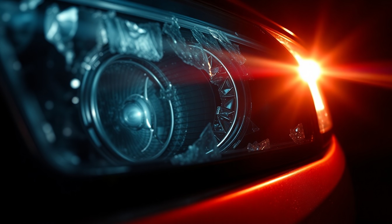 An extreme close-up of a damaged car side mirror or headlight lens, reflecting a harsh, direct camera flash in a stark, gritty, investigative aesthetic, conceptually illustrating the aftermath of a fatal pedestrian collision on a highway.