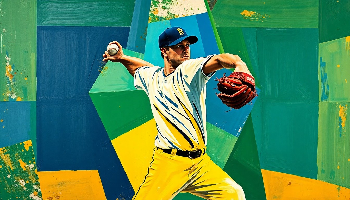 A cubist, geometric painting depicting a baseball pitcher's delivery, with sharp, overlapping planes of color representing the motion and energy of the sport.