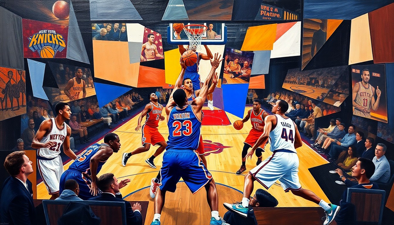 A cubist-style painting depicting the intense action of a basketball game, with players' figures fractured and abstracted into geometric shapes and planes of color.