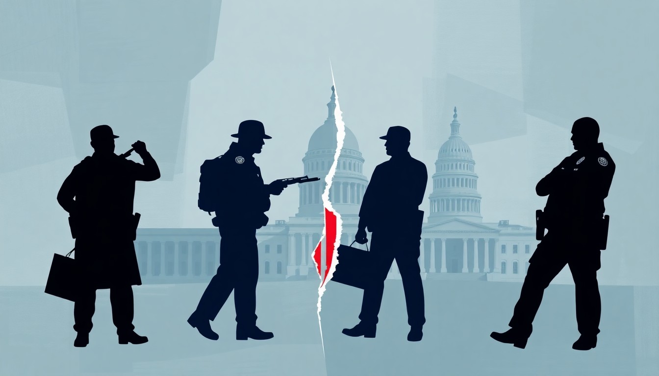 A dynamic, abstract painting with overlapping geometric shapes and lines in shades of blue, grey, and red, conveying a sense of political tension and clashing jurisdictions over immigration enforcement.