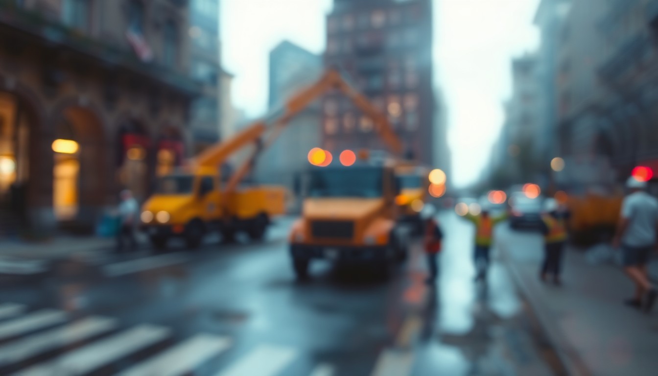 An abstract, impressionistic photograph in soft focus, depicting the blurred outlines of construction equipment and workers on a city street, with warm pools of light and color creating a dreamlike, atmospheric quality.