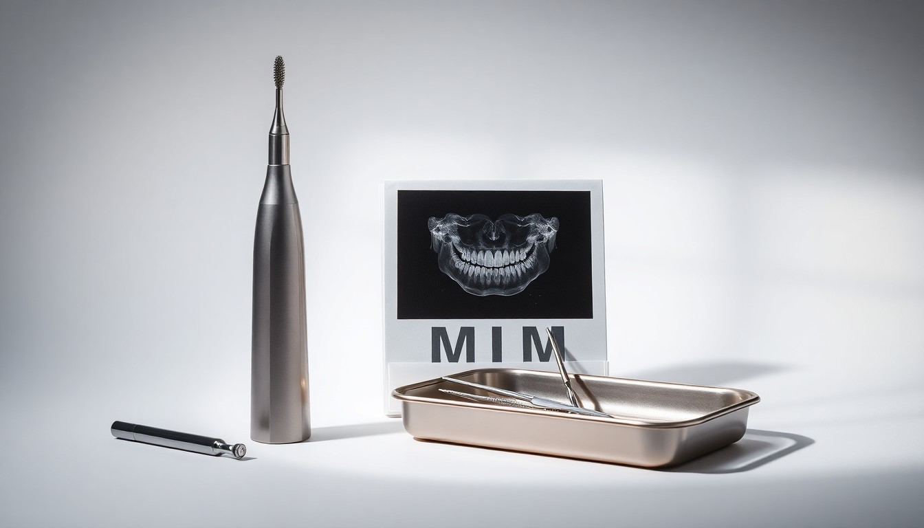 A high-end, photorealistic studio still-life photograph featuring a polished dental drill, a stack of dental x-rays, and a sleek metal dental tool tray arranged elegantly on a clean, monochromatic background, conceptually representing the precision and innovation of modern dental care.