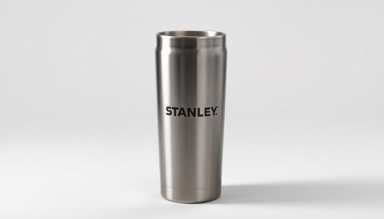 A close-up photograph of a single stainless steel Stanley tumbler resting on a clean white background, lit dramatically from the side to highlight the premium materials and craftsmanship.