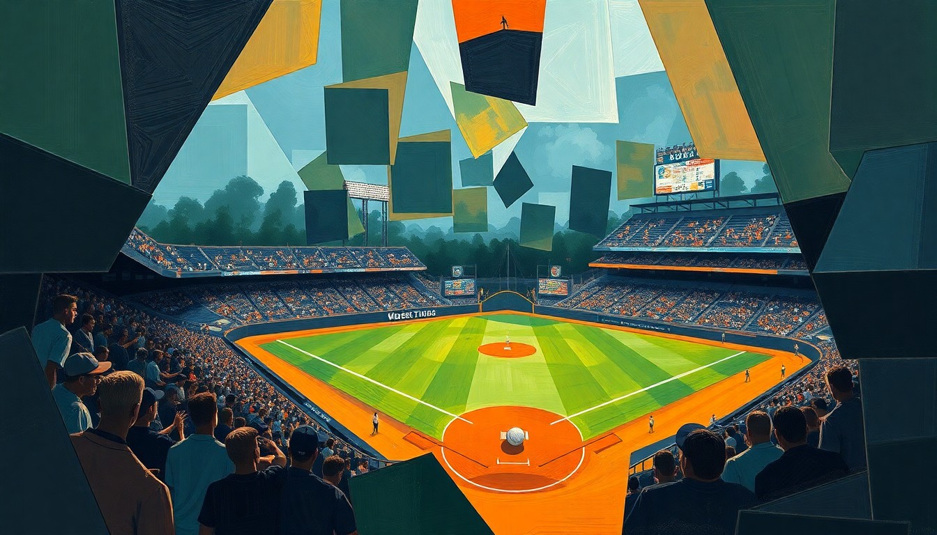 A cubist, geometric painting depicting the dynamic action of a high school baseball game, with overlapping planes of navy, green, and orange conveying the intensity of the competition.