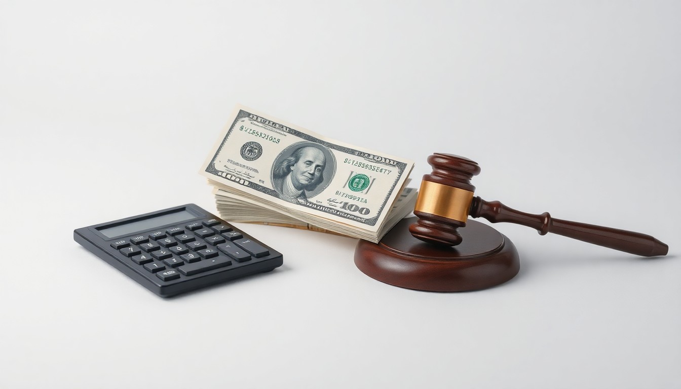 A photorealistic studio still life featuring a stack of dollar bills, a calculator, and a gavel, symbolizing the abstract concepts of corporate finance, legal disputes, and government tax collection.