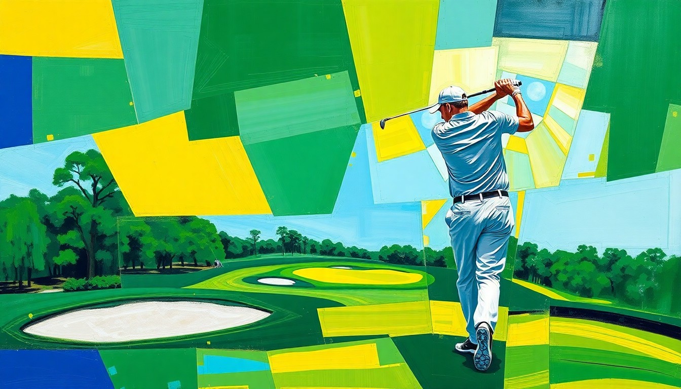 A fractured, multi-perspective painting depicting a golfer's swing and the iconic Augusta National course, broken down into sharp, overlapping geometric shapes in vibrant colors, conceptually representing the complexity and excitement of a Masters debut.