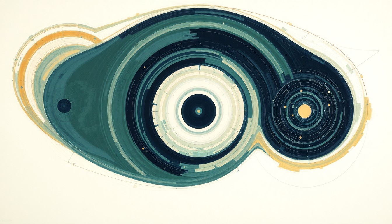 A bold, abstract painting in soft earth tones featuring sweeping geometric arcs, concentric circles, and precise spirals, conceptually representing the complex forces involved in the splashdown and recovery of the Artemis II spacecraft.