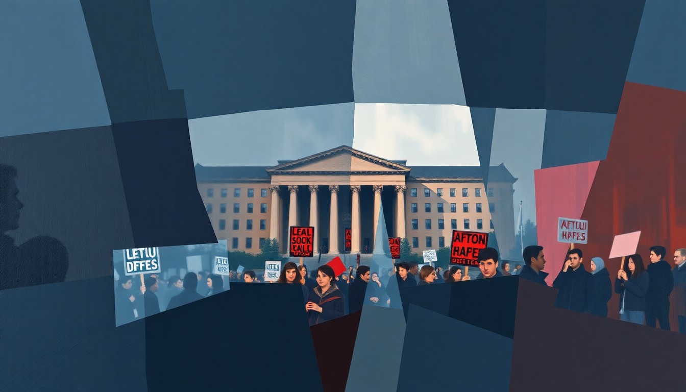 A dynamic, abstract painting in shades of blue, grey, and red, conveying the energy and conflict of a university labor dispute through fragmented, overlapping geometric shapes and forms.