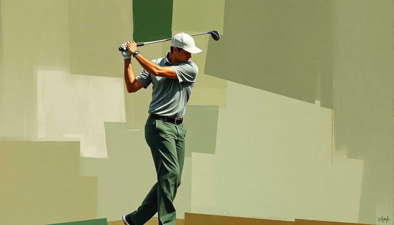 A cubist, geometric painting depicting a golfer's swing deconstructed into overlapping planes of muted green, brown, and gray tones, conveying the physical and mental challenges of elite golf.