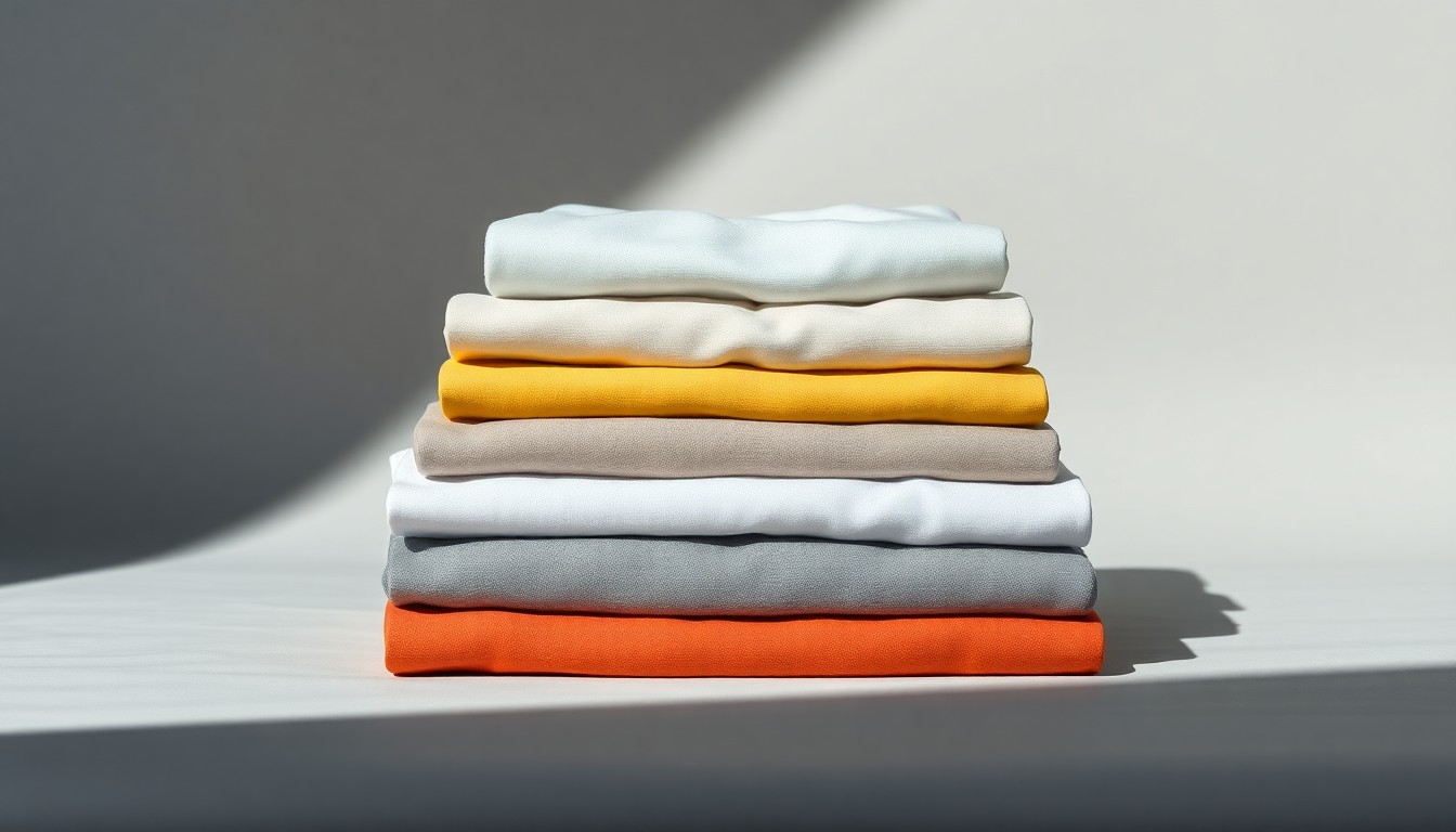 A photorealistic studio still life featuring a stack of neatly folded Urban Outfitters clothing items arranged on a clean, light gray background. The high-quality fabrics and dramatic lighting symbolize the uncertainty and volatility in the retail sector.