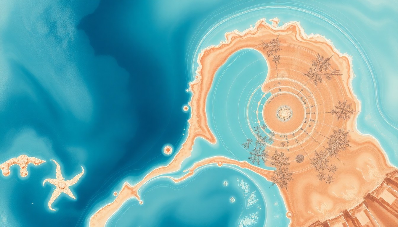 A bold, abstract painting featuring sweeping geometric shapes and organic patterns in muted earth tones, representing the complex ecosystems and natural forces of the Great Salt Lake.