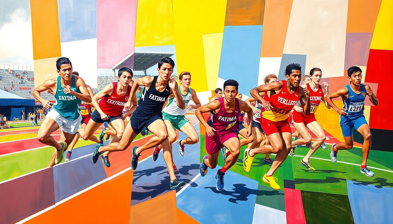 A fragmented, geometric painting depicting high school track and field athletes in motion, with bold splashes of color representing the competing schools.