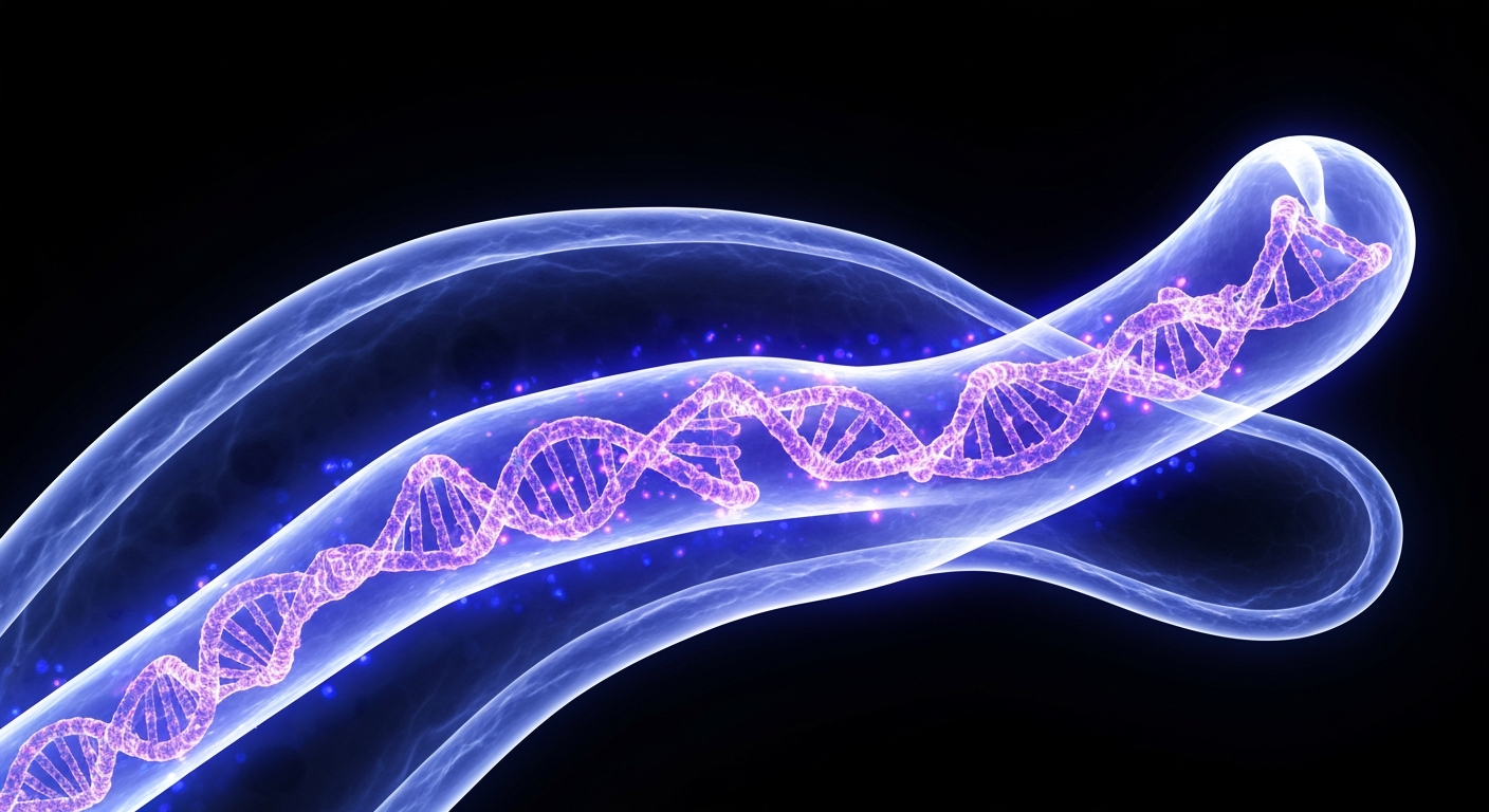 A highly detailed, translucent X-ray-style image of a human blood vessel, glowing with vibrant blue and purple hues to represent the DNA fragments circulating in the blood that can signal disease.