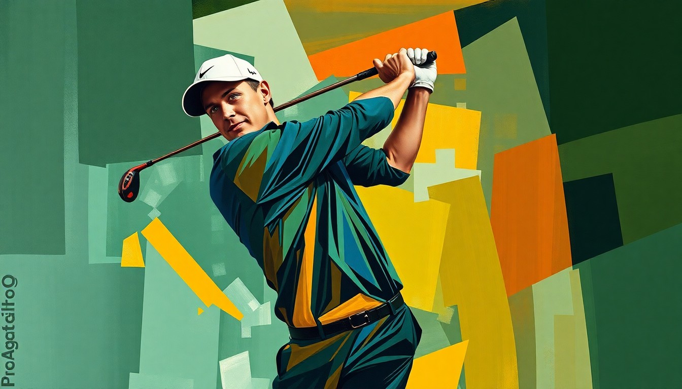 A cubist, geometric painting depicting a professional golfer's swing broken down into sharp, overlapping planes of green, blue, and orange, conveying the dynamic energy of competitive golf.