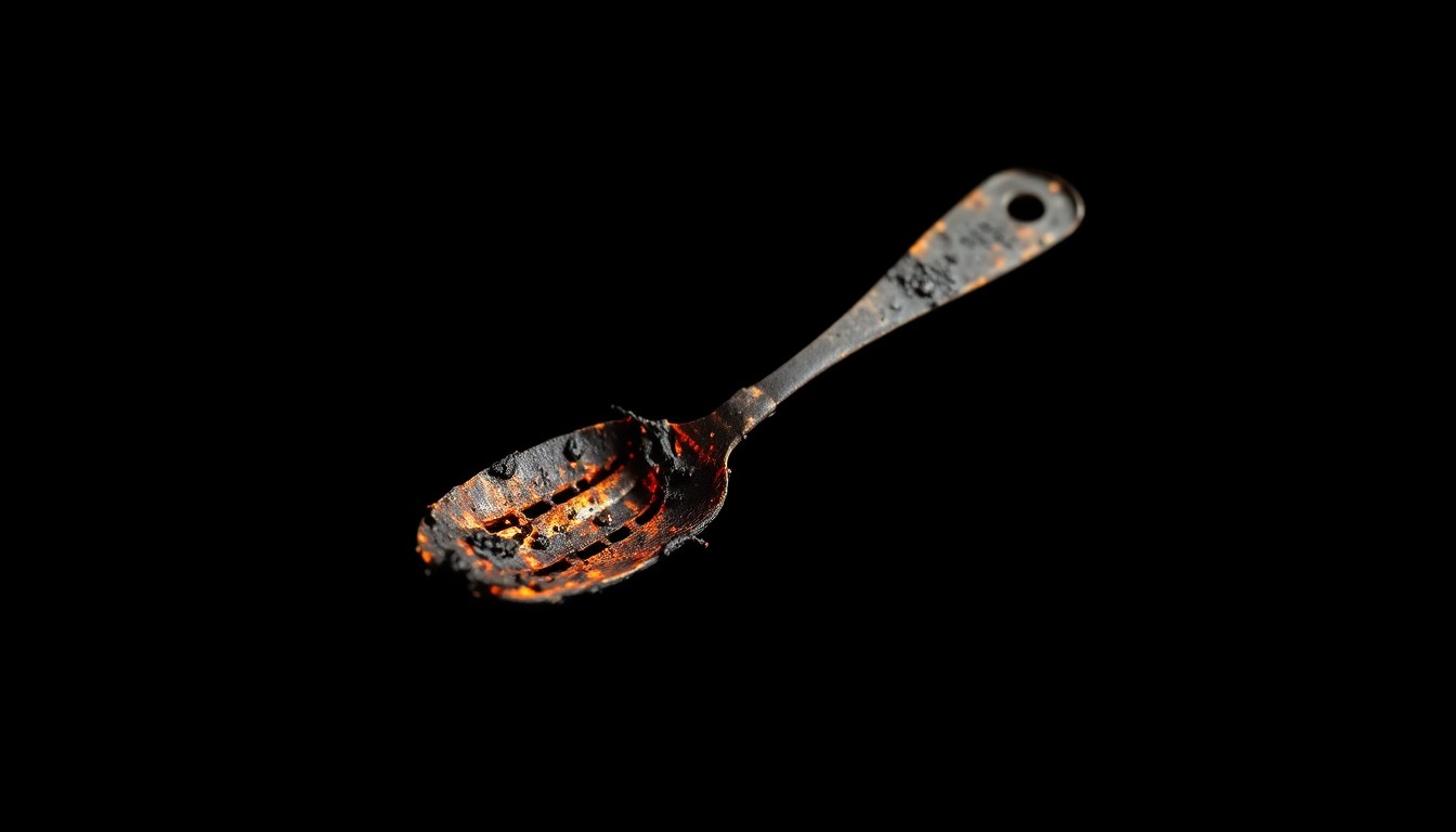 An extreme close-up photograph of a twisted and blackened kitchen utensil or appliance part, capturing the aftermath of a kitchen fire with a dramatic, gritty aesthetic.