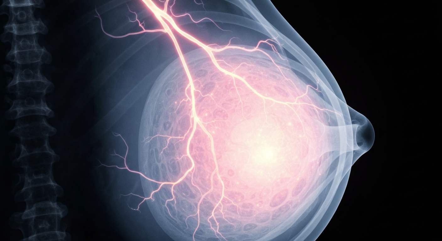 A ghostly, translucent X-ray photograph revealing the intricate internal structures of a human breast, with glowing veins and tissue. The image has a clinical yet hopeful tone, conceptually representing the fight against breast cancer.