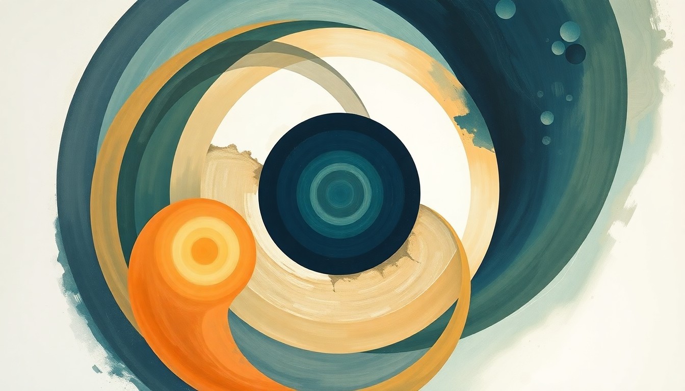 A bold, abstract painting in earthy tones of blue, green, and orange, featuring sweeping geometric arcs, concentric circles, and precise spirals, conceptually representing the structural order and energy of the Artemis space program and Houston's role as the center of America's space exploration efforts.