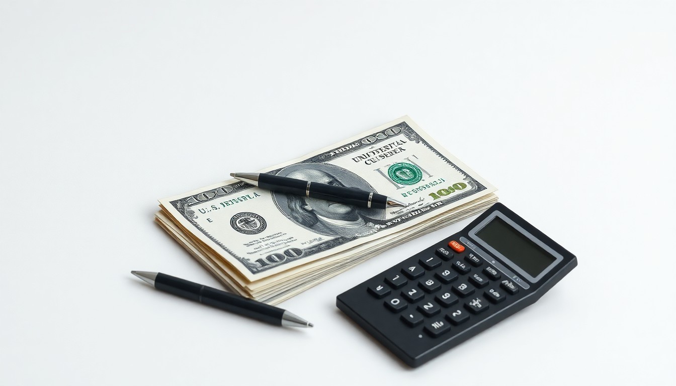A photorealistic studio still life featuring a stack of U.S. dollar bills, a pen, and a calculator on a clean, monochromatic background, conceptually representing the financial challenges facing media companies and journalists.