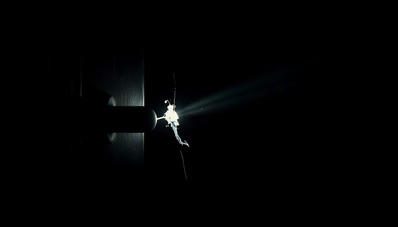 An extreme close-up photograph of a damaged storefront door lock, highlighting the gritty aftermath of an attempted break-in.