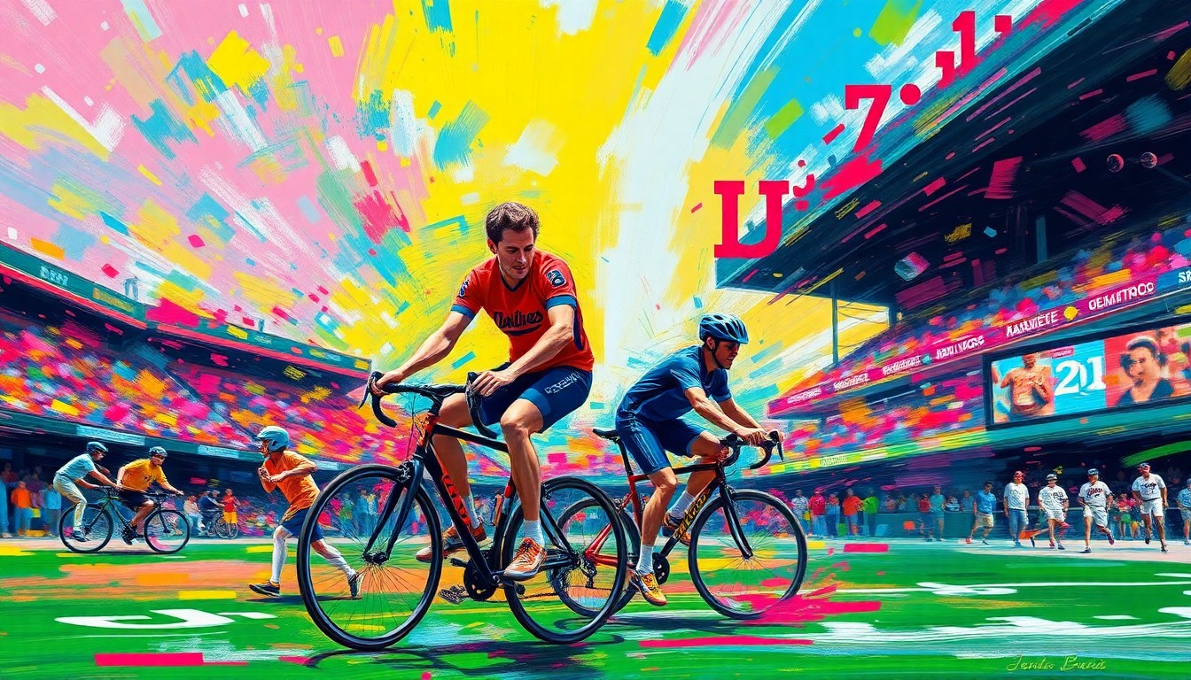 An abstract expressionist painting in vibrant neon colors, featuring blurred and fragmented images of a father and son cycling, baseball stadiums, and players, conveying the raw athletic movement and passion of their cross-country trek to support St. Jude Children's Research Hospital.