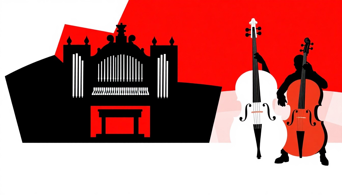 An abstract, minimalist illustration featuring jagged, geometric shapes in bold red and white, conceptually representing the lively and vibrant energy of a lunchtime concert series featuring organ, viola, and cello music.