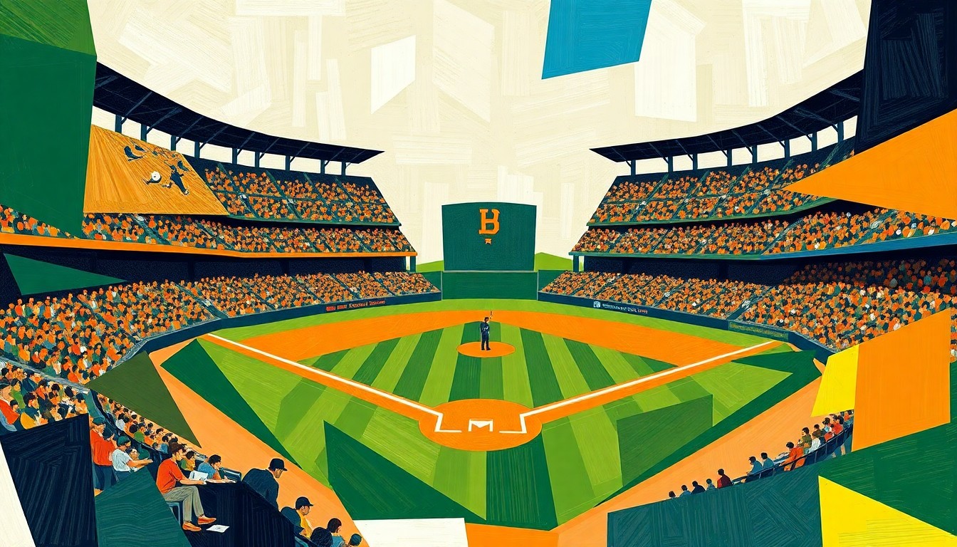 A fragmented, cubist-style painting depicting a college baseball game, with the players and field broken down into sharp, overlapping geometric shapes in the team colors of UAPB and UCA, capturing the dynamic energy and competitive spirit of the matchup.