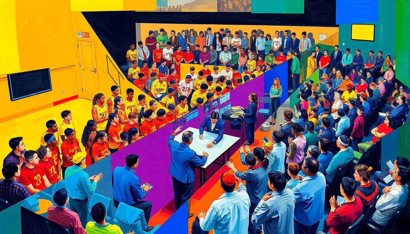 A fragmented, multi-angled painting in the style of Pablo Picasso, depicting the energy and excitement of a high school sports signing ceremony with overlapping geometric shapes and planes of color representing the athletes, coaches, and spectators.