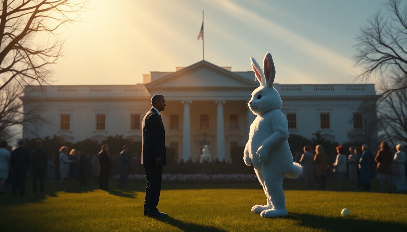 A cinematic painting depicting the President and the Easter Bunny standing together on the White House lawn, with the event's celebratory atmosphere contrasted by the President's somber expression and the deep shadows cast across the scene.