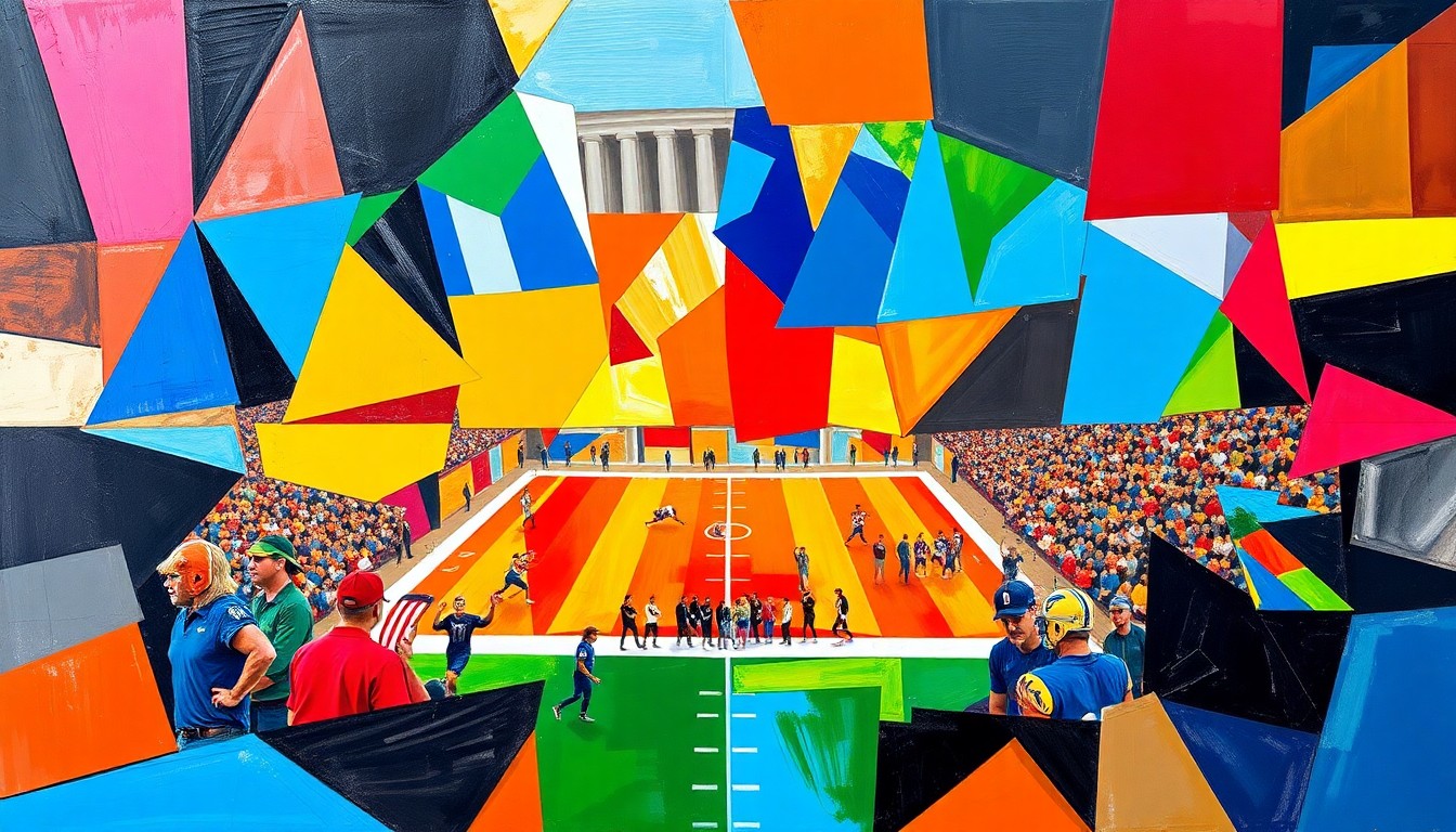 A cubist, geometric painting depicting a UFL football game or match, with sharp, overlapping planes of color representing the action on the field.