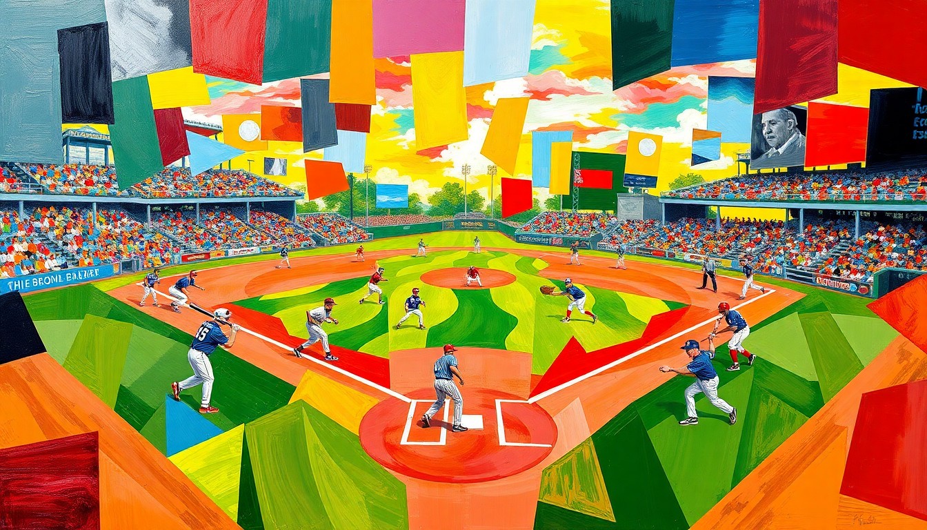 A fractured, geometric painting in vibrant colors depicting the action and movement of a high school baseball game, with players and the field deconstructed into sharp, overlapping planes.