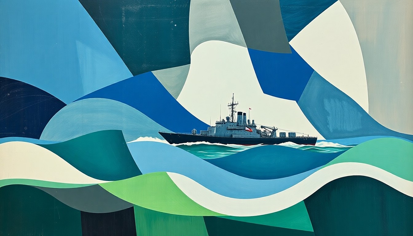 A dynamic, fragmented painting depicting a warship sailing through the Strait of Hormuz, with overlapping geometric shapes and waves of color conveying a sense of motion and geopolitical tension.
