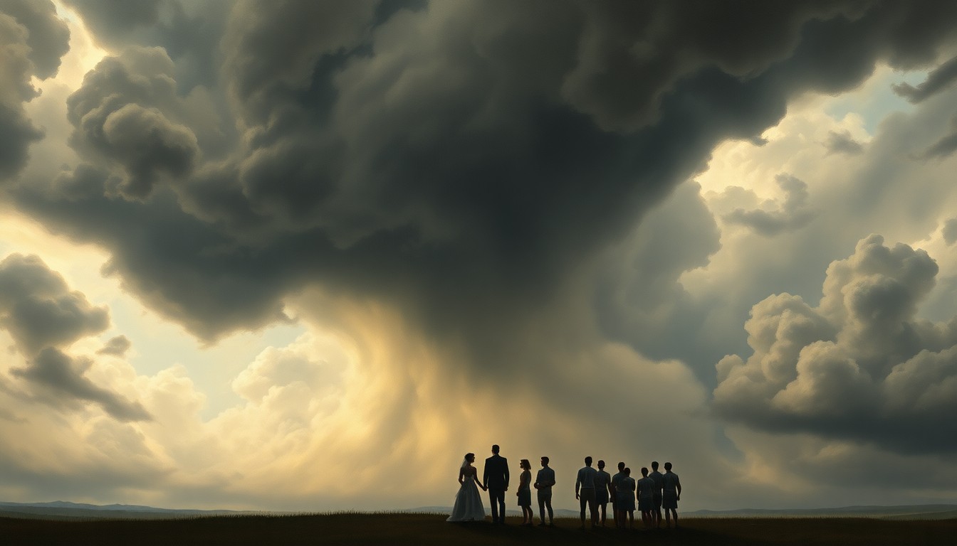 A sweeping, atmospheric landscape painting in muted tones, with a massive, swirling tornado-warned sky dominating the frame and dwarfing the small silhouettes of a wedding party and volleyball team huddled together in the foreground, conveying the overwhelming power of nature and the resilience of the human spirit.
