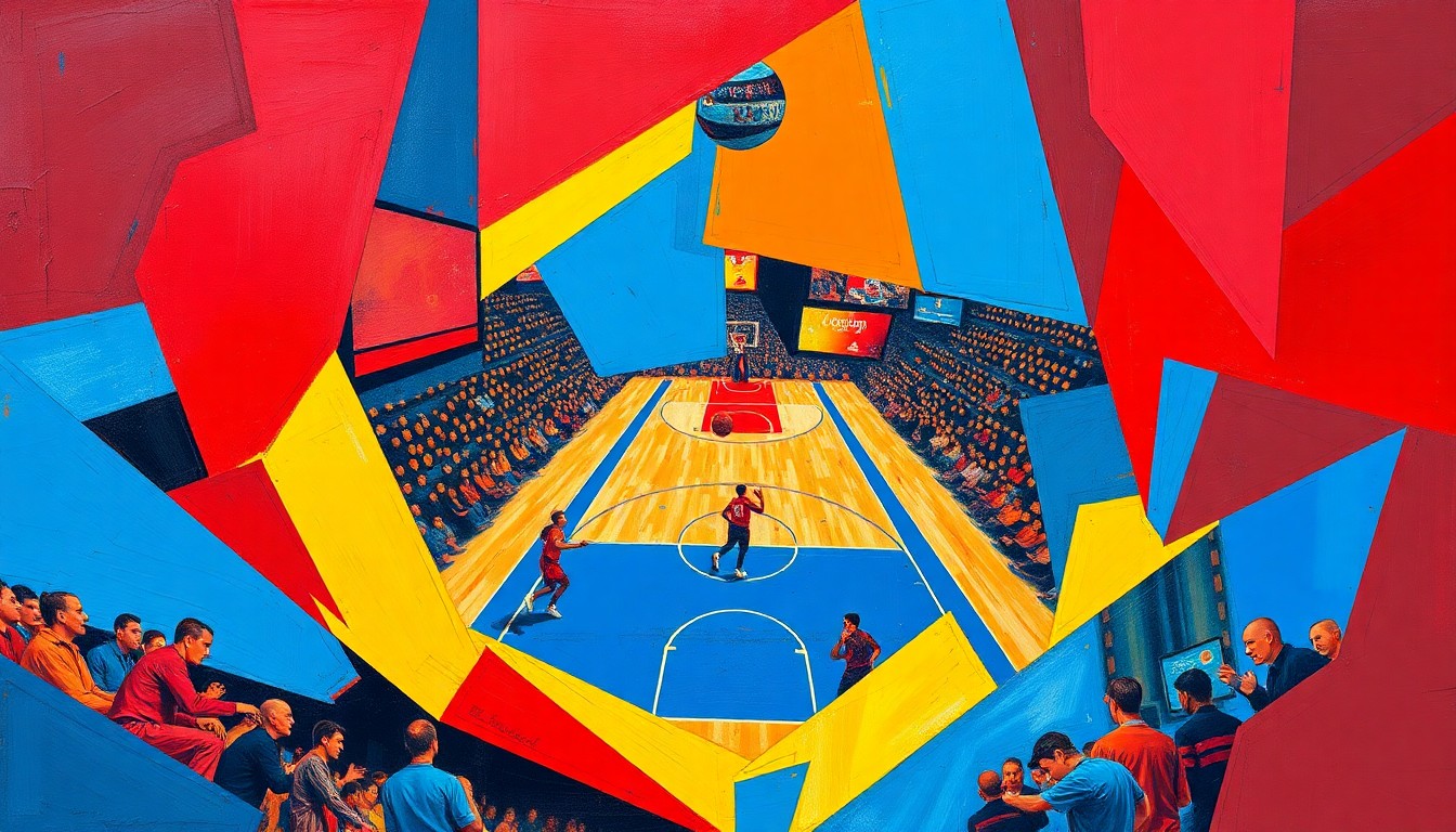 A fragmented, geometric painting in bold colors depicting a basketball game broken down into overlapping planes, representing the complex process of finding the right executive to lead the Chicago Bulls' front office.