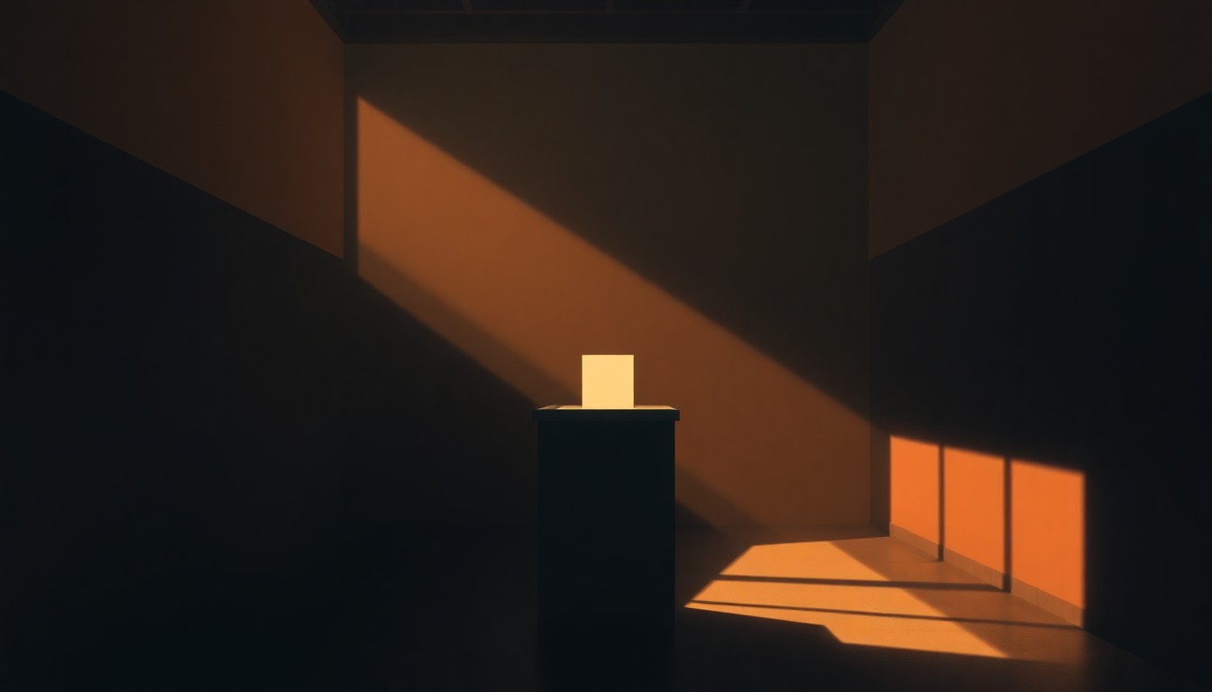 A dimly lit, cinematic painting of a solitary ballot box in a polling station, with warm sunlight and deep shadows creating a sense of quiet contemplation around the voting process.