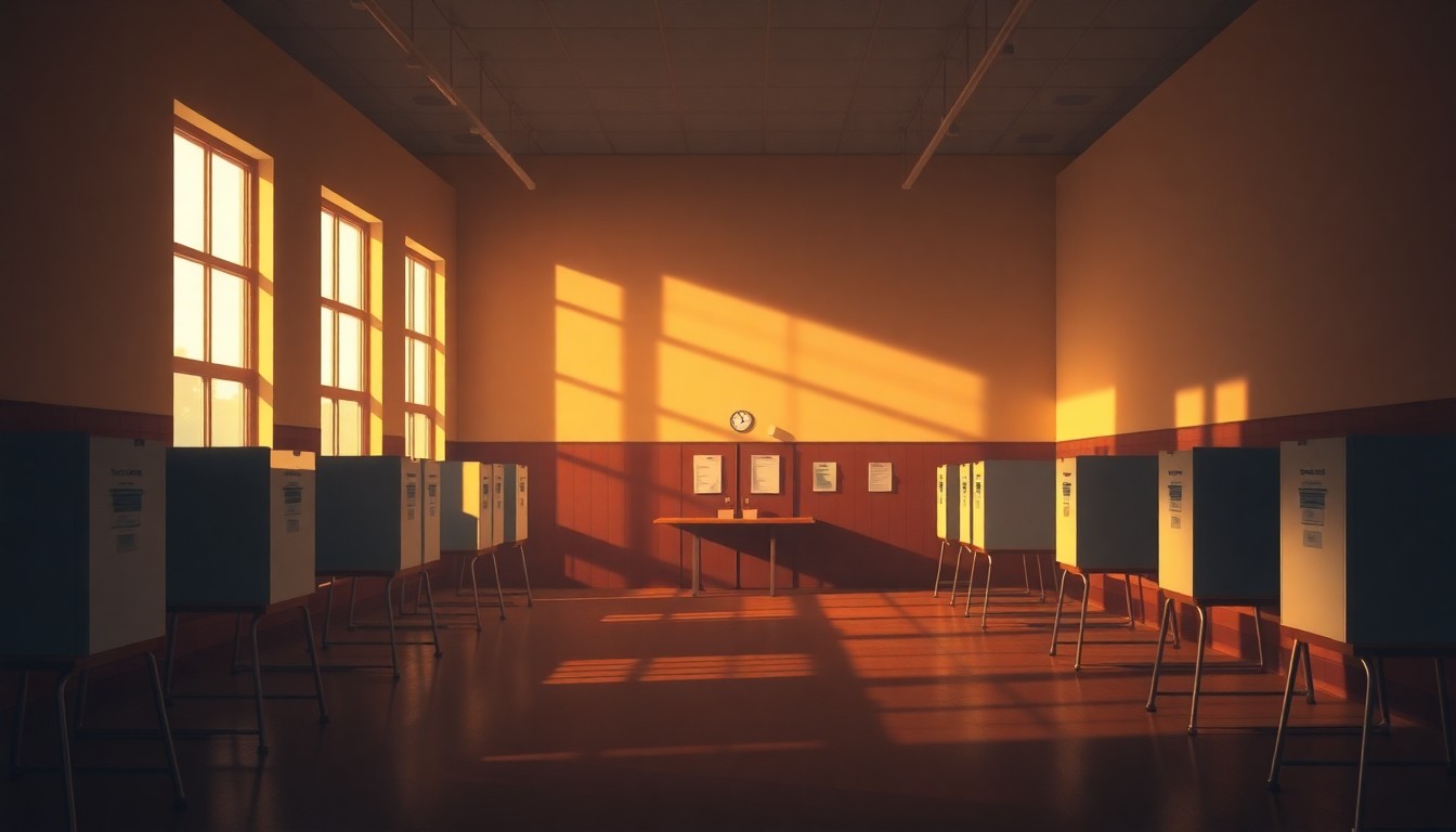 A dimly lit, cinematic interior scene of an empty polling station, with warm sunlight streaming through the windows and casting deep shadows across the room, conveying a sense of solemnity and civic duty.