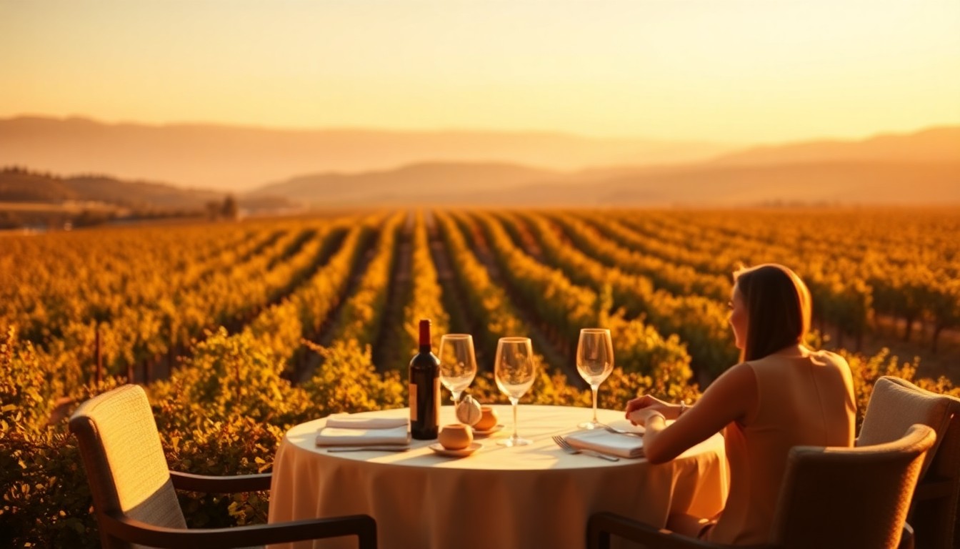 An extremely abstracted, out-of-focus photograph in soft pools of warm light and color, depicting a serene, intimate dining scene overlooking endless rows of Napa Valley vineyards.